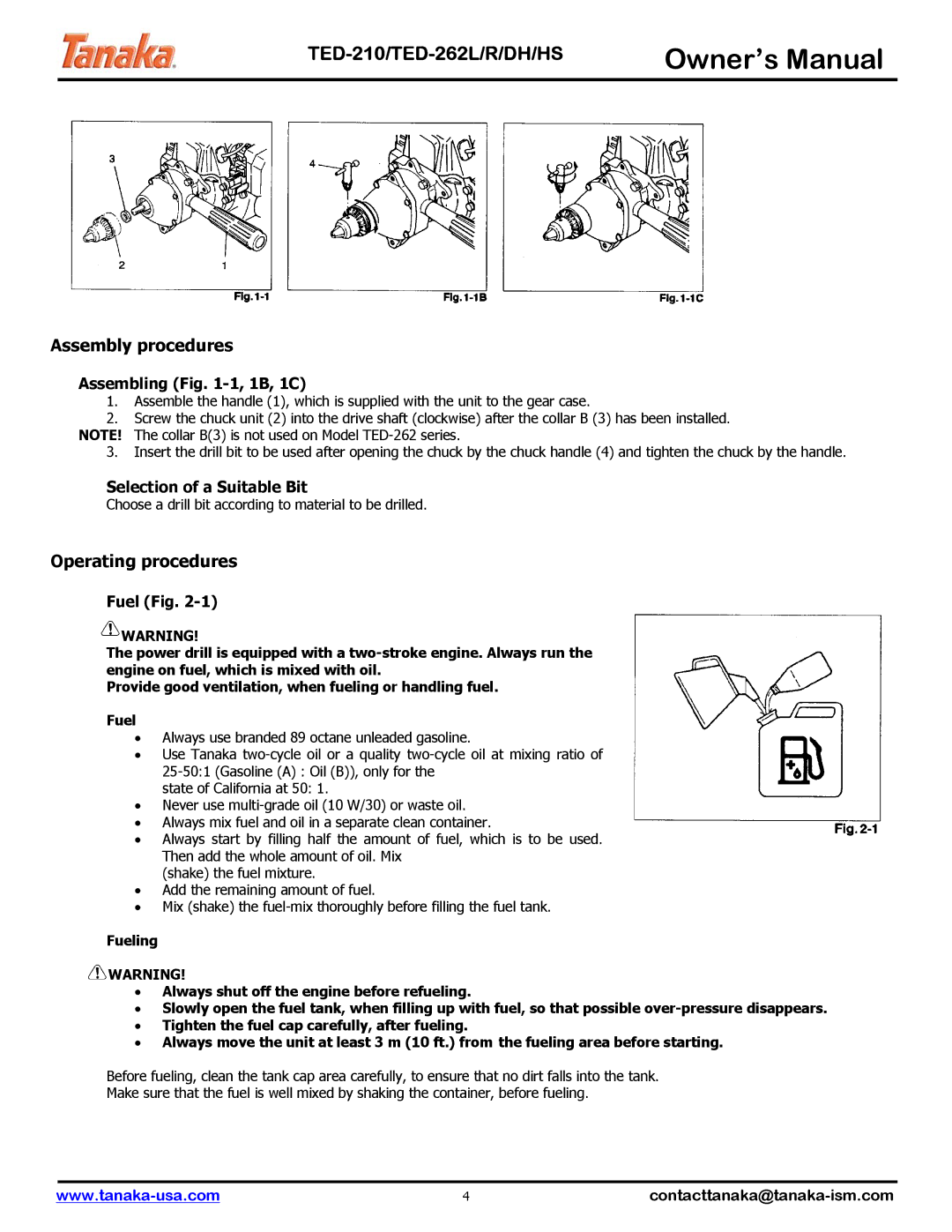 Tanaka TED-210, TED-262L, TED-262DH manual Assembly procedures, Operating procedures 