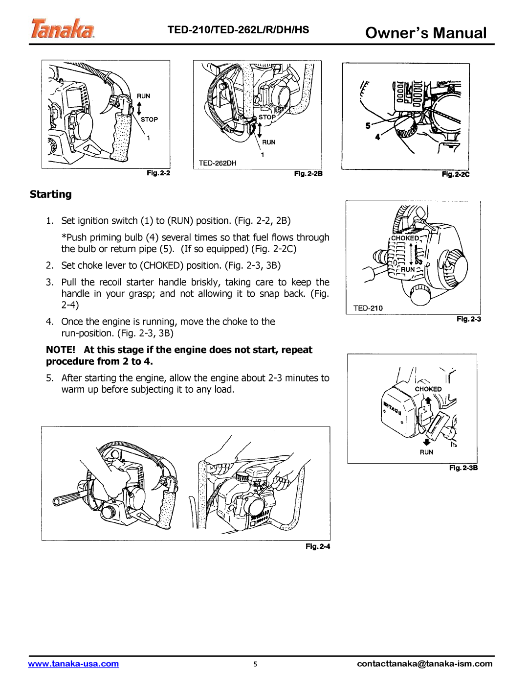 Tanaka TED-262L, TED-262DH, TED-210 manual Starting 