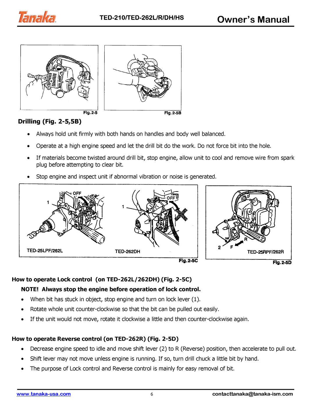 Tanaka TED-262DH, TED-210 manual Drilling -5,5B, How to operate Lock control on TED-262L/262DH -5C 