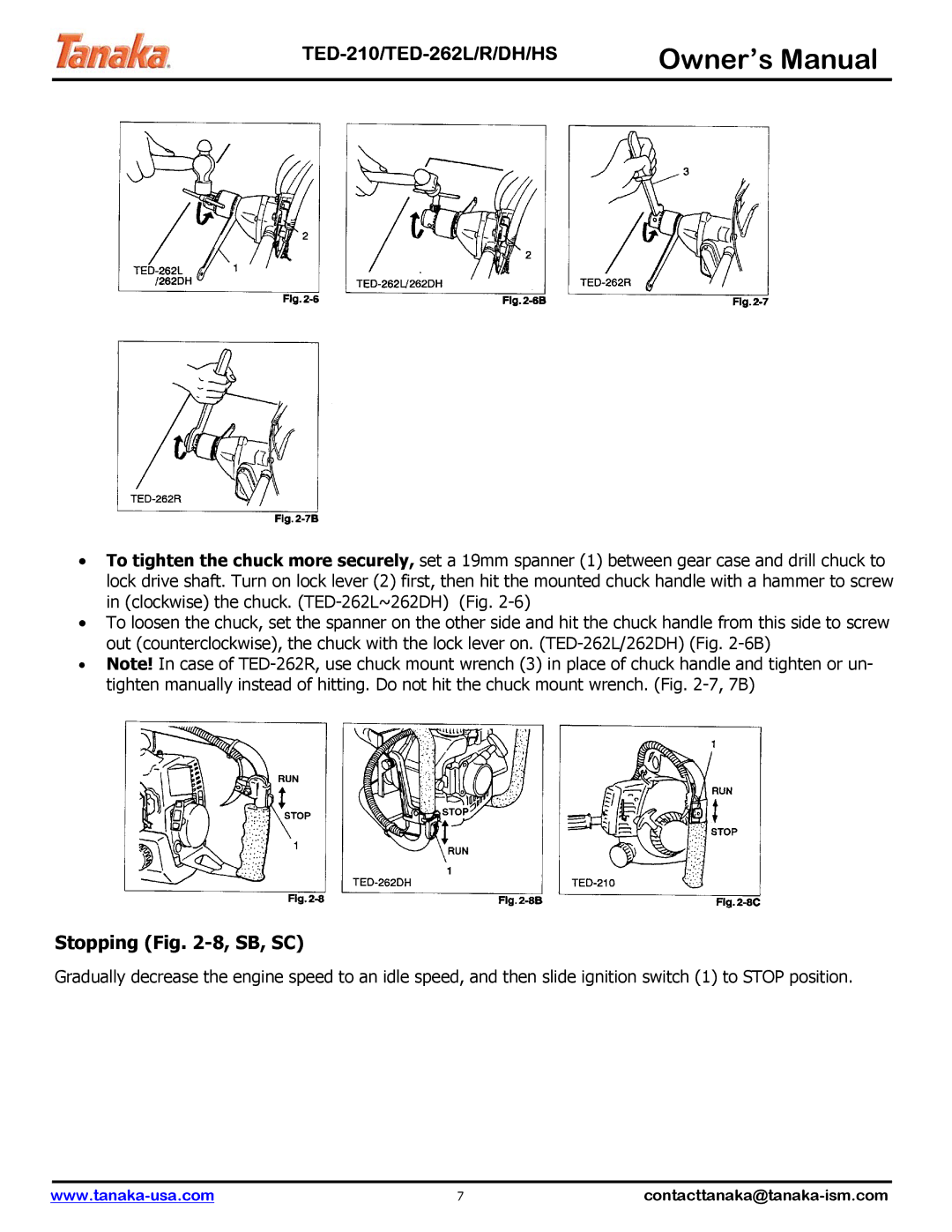 Tanaka TED-210, TED-262L, TED-262DH manual Stopping -8, SB, SC 