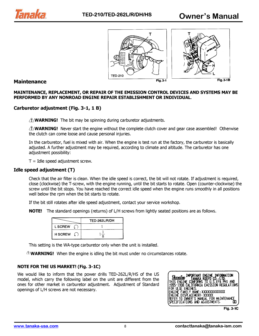 Tanaka TED-262L, TED-262DH, TED-210 manual Maintenance, Carburetor adjustment -1, 1 B, Idle speed adjustment T 