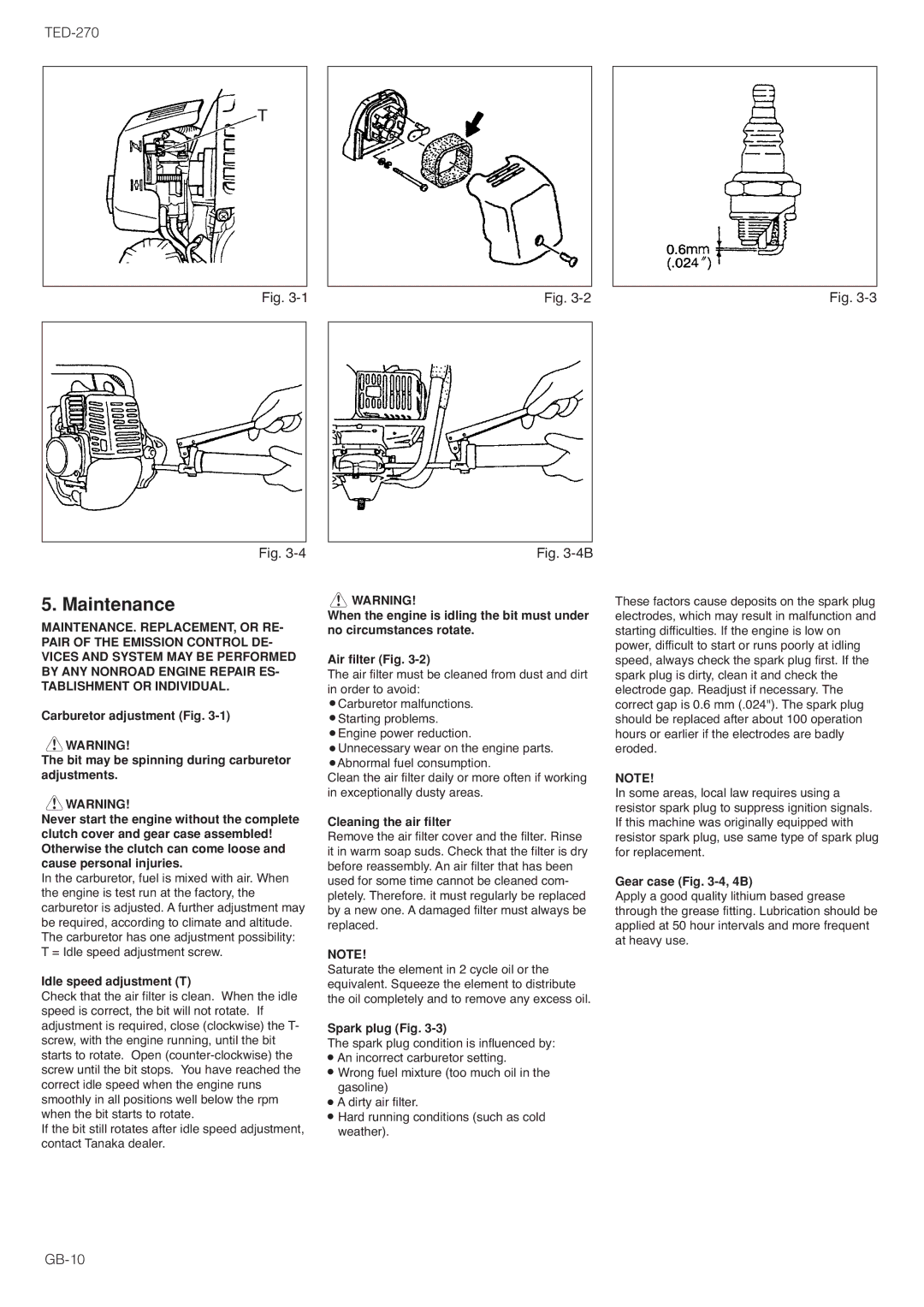 Tanaka TED-270PFL, TED-270PFLS, TED-270PFR, TED-270PFRS, TED-270PFHS, TED-270PFDH, TED-270PFDLS owner manual Maintenance 