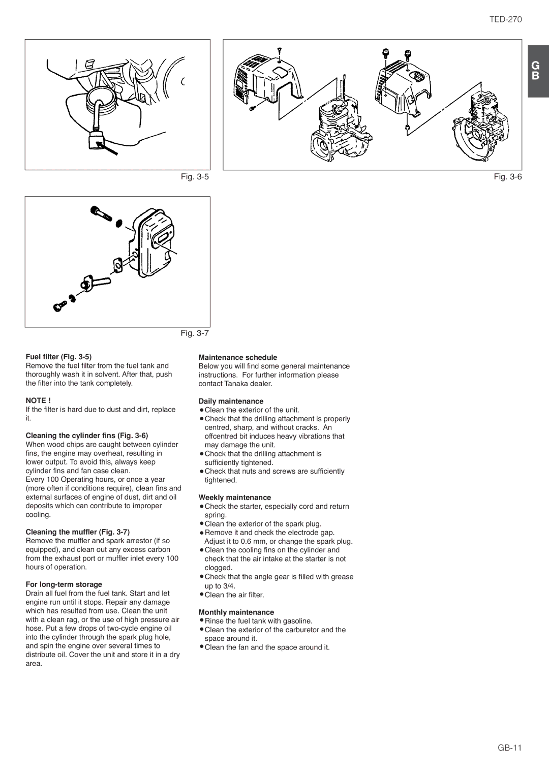 Tanaka TED-270PFDLS Fuel filter Fig, Cleaning the cylinder fins Fig, Cleaning the muffler Fig, For long-term storage 