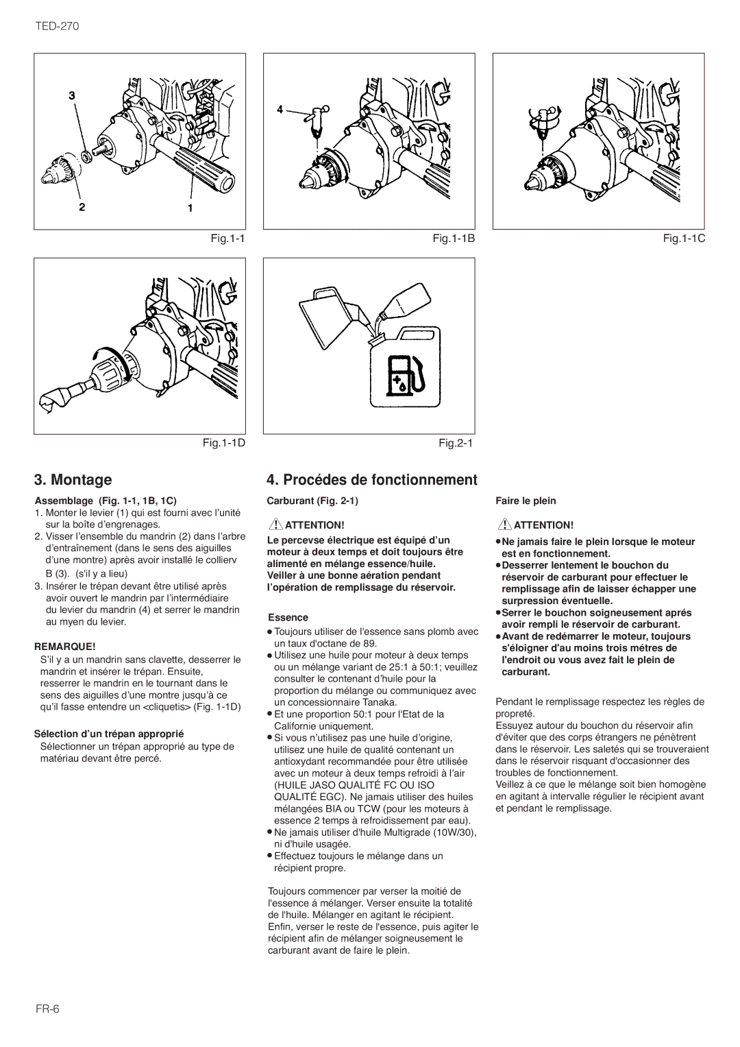 Tanaka TED-270PFR/PFRS, TED-270PFDLS, TED-270PFL/PFLS owner manual Montage, Procédes de fonctionnement 