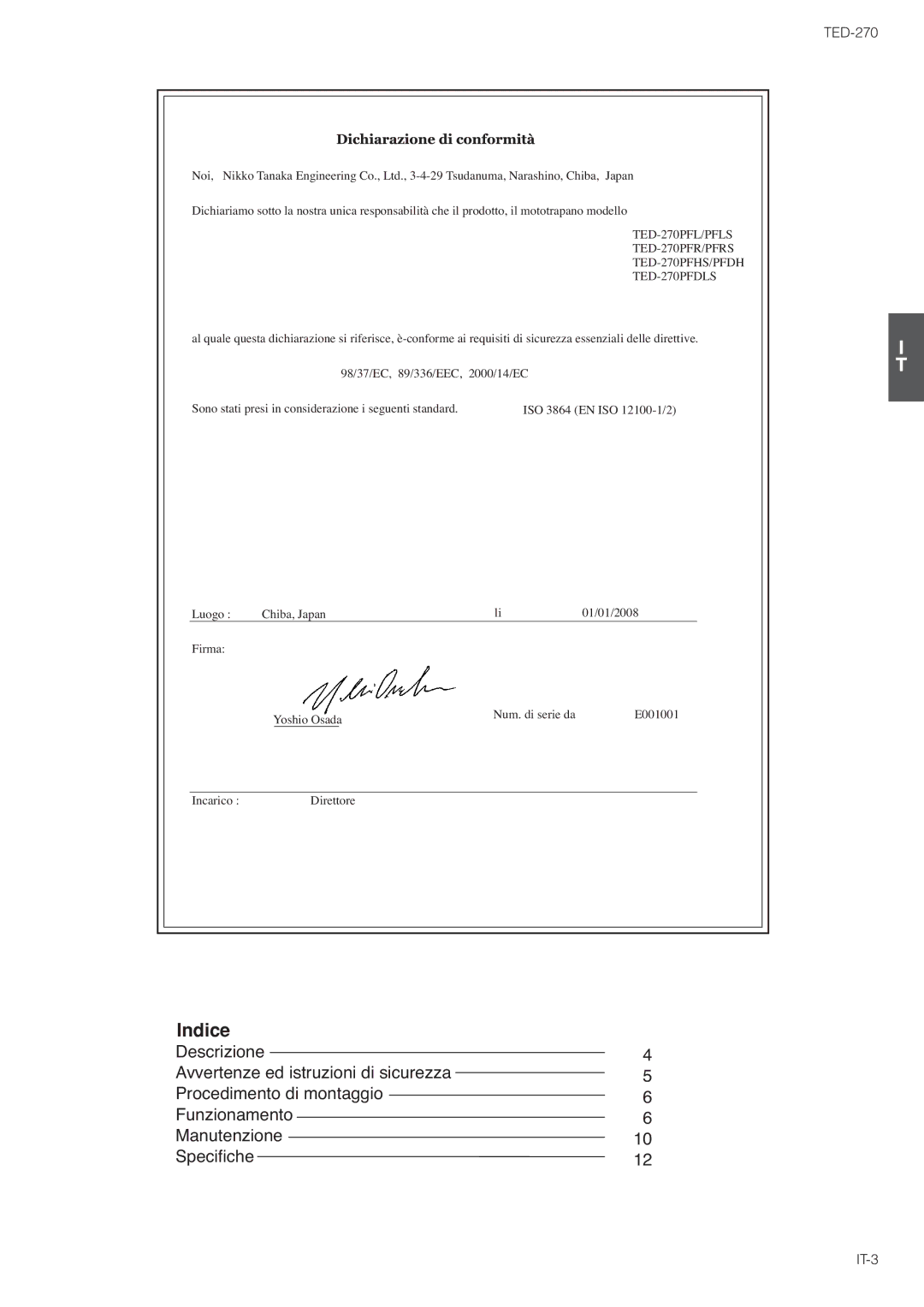 Tanaka TED-270PFDLS, TED-270PFR/PFRS, TED-270PFL/PFLS owner manual Indice 