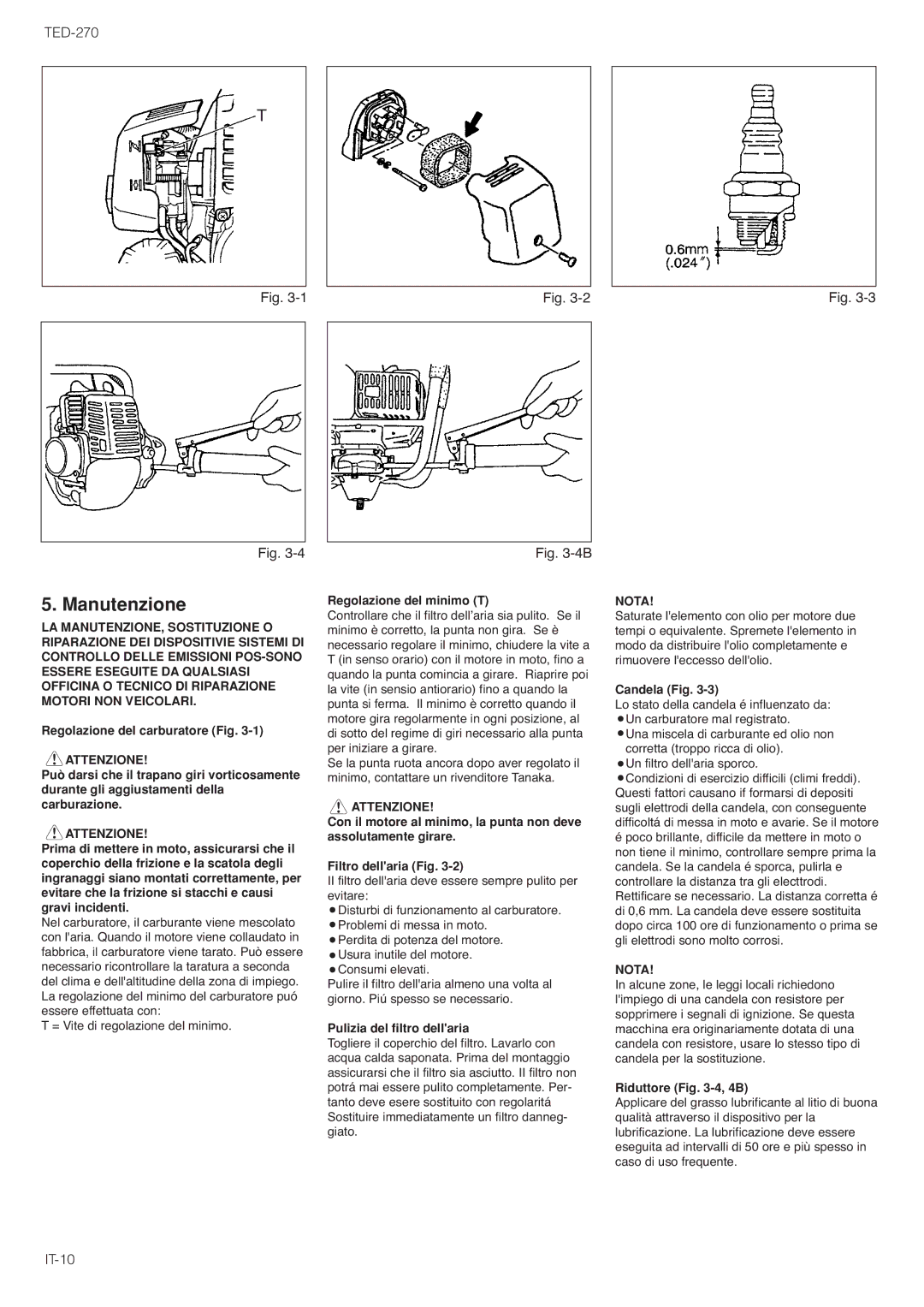 Tanaka TED-270PFL, TED-270PFLS, TED-270PFR, TED-270PFRS, TED-270PFHS, TED-270PFDH, TED-270PFDLS owner manual Manutenzione 