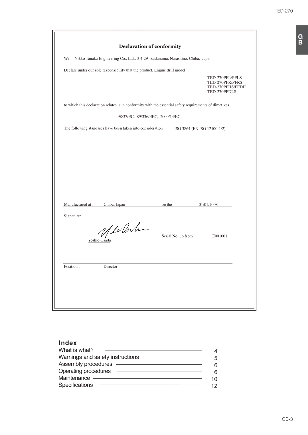 Tanaka TED-270PFDLS, TED-270PFR/PFRS, TED-270PFL/PFLS owner manual Index 