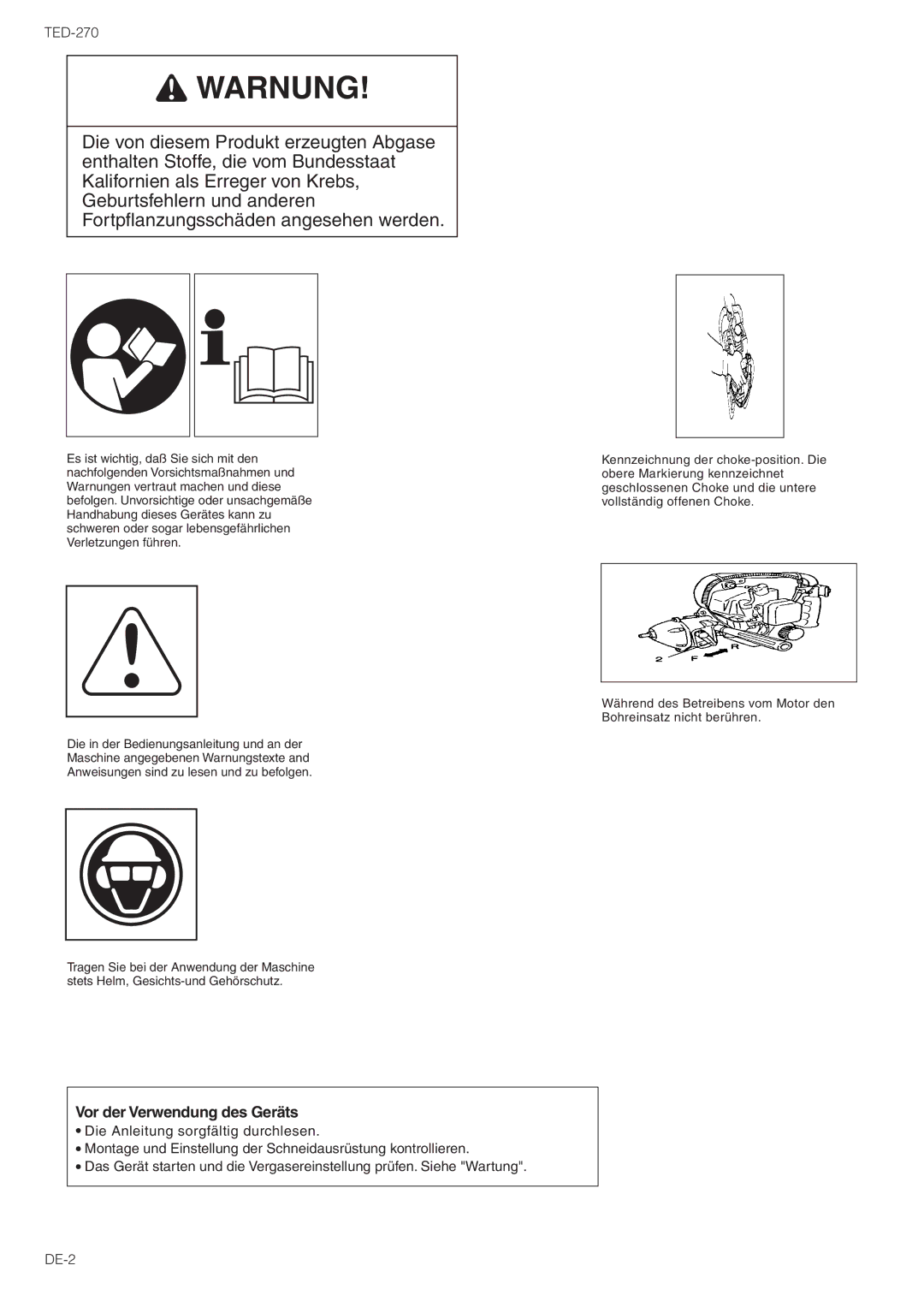 Tanaka TED-270PFR/PFRS, TED-270PFDLS, TED-270PFL/PFLS owner manual Warnung 