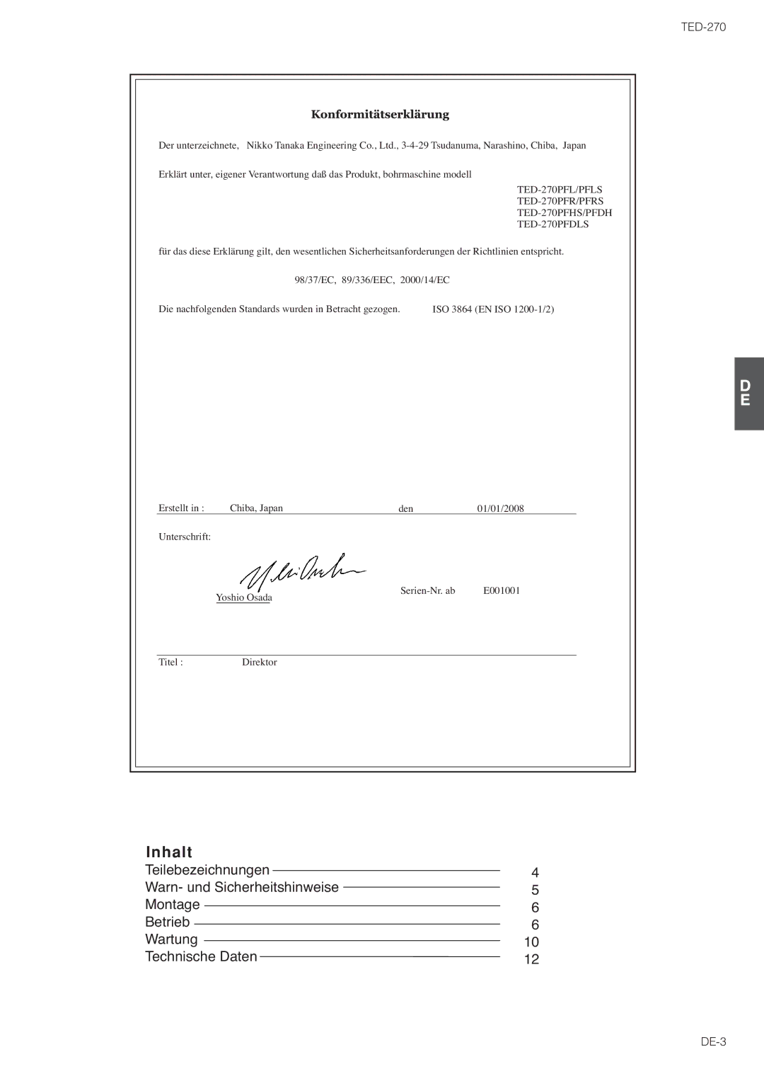 Tanaka TED-270PFL/PFLS, TED-270PFDLS, TED-270PFR/PFRS owner manual Inhalt 