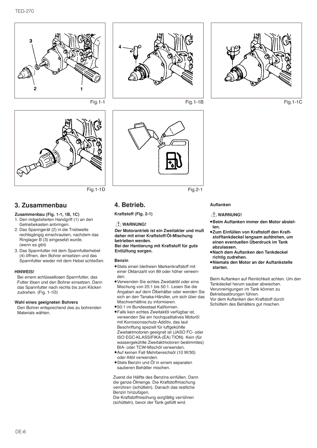 Tanaka TED-270PFR/PFRS, TED-270PFDLS, TED-270PFL/PFLS owner manual Zusammenbau, Betrieb 