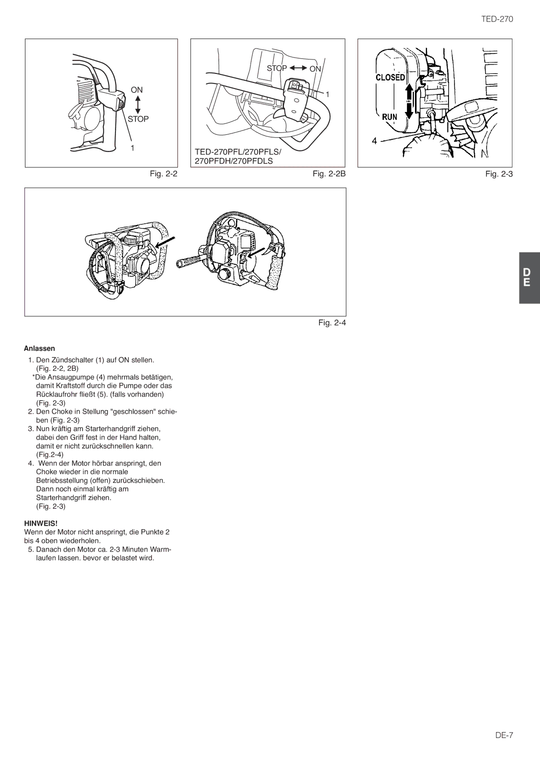 Tanaka TED-270PFL/PFLS, TED-270PFDLS, TED-270PFR/PFRS owner manual Anlassen 