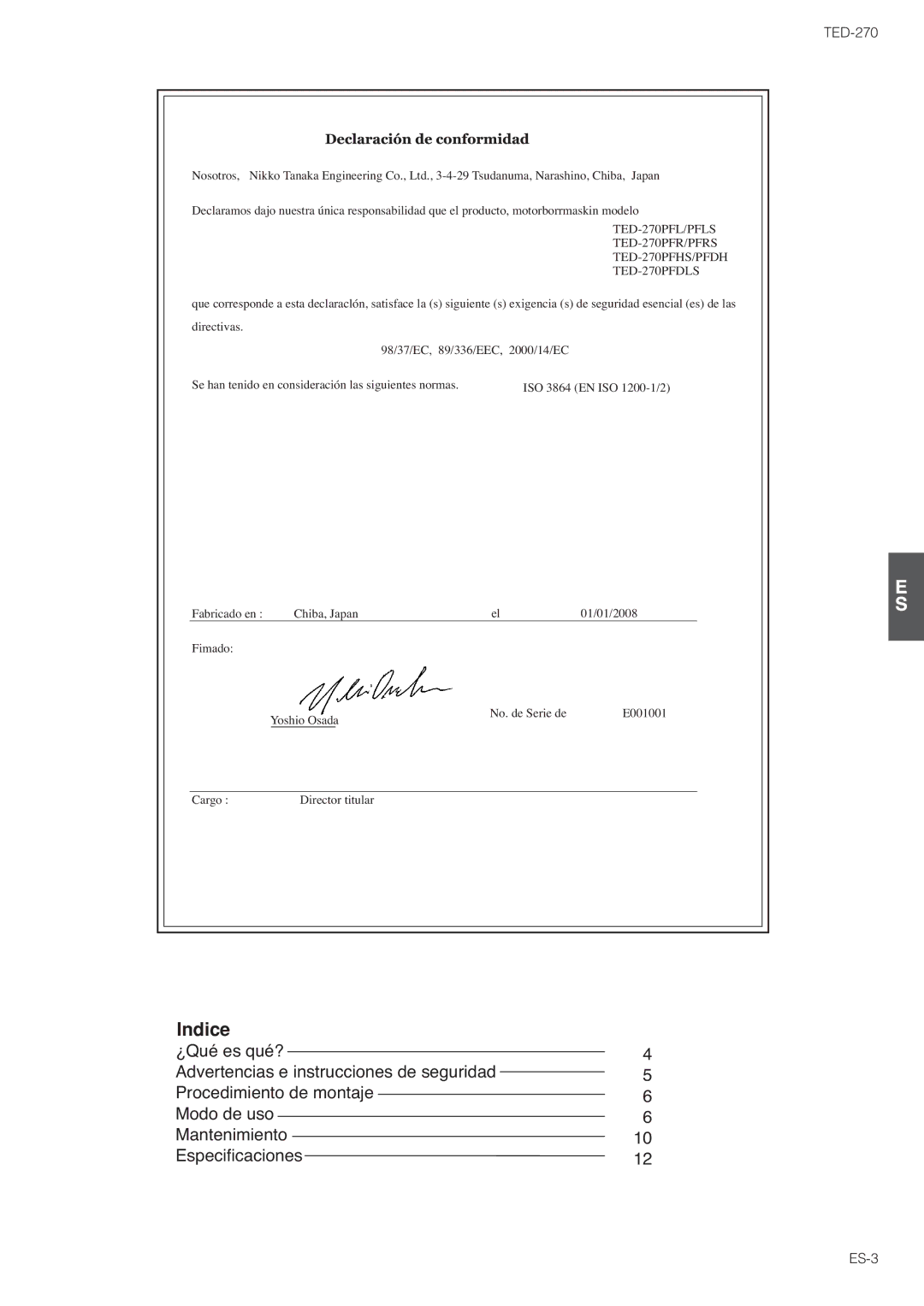 Tanaka TED-270PFDLS, TED-270PFR/PFRS, TED-270PFL/PFLS owner manual ES-3 