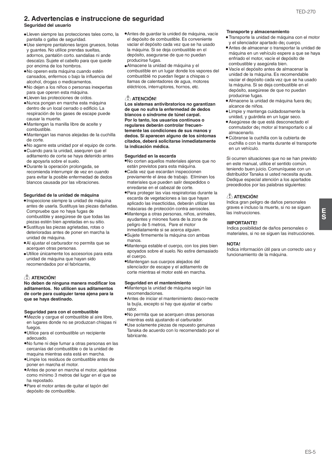 Tanaka TED-270PFL/PFLS, TED-270PFDLS, TED-270PFR/PFRS owner manual Advertencias e instruccione de seguridad, Atención 