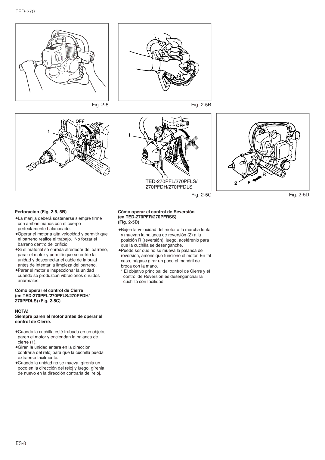 Tanaka TED-270PFR/PFRS, TED-270PFDLS Perforacion -5, 5B, Siempre paren el motor antes de operar el control de Cierre 