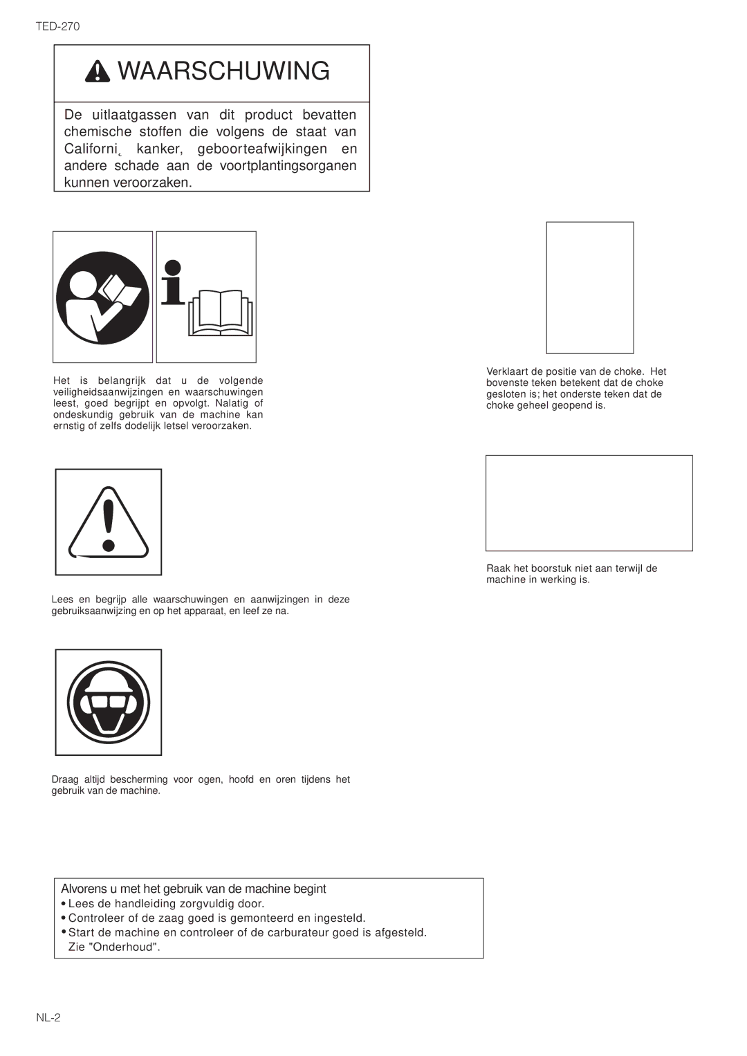 Tanaka TED-270PFR/PFRS, TED-270PFDLS, TED-270PFL/PFLS owner manual Waarschuwing 