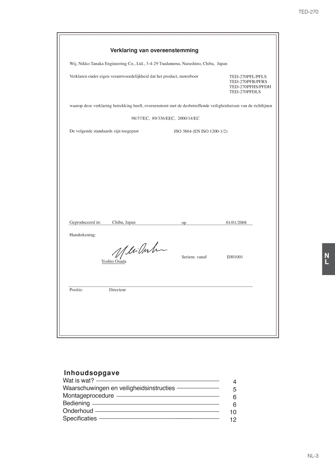 Tanaka TED-270PFL/PFLS, TED-270PFDLS, TED-270PFR/PFRS owner manual Inhoudsopgave, Verklaring van overeenstemming 