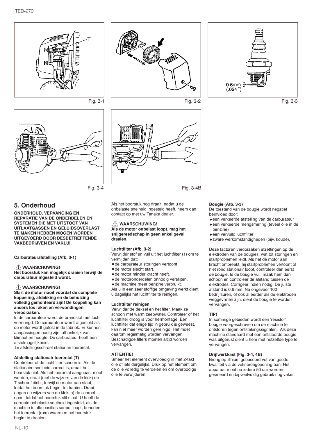 Tanaka TED-270PFR/PFRS Onderhoud, Carburateurafstelling Afb, Luchtfilter reinigen, Bougie Afb, Drijfwerkkast -4, 4B 