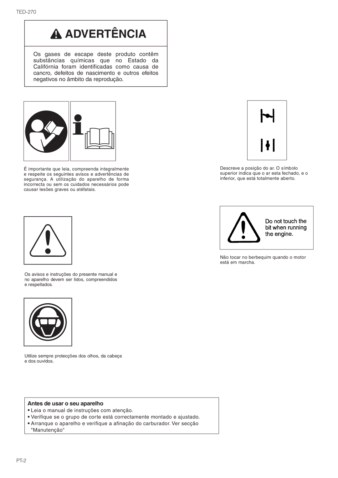 Tanaka TED-270PFL, TED-270PFLS, TED-270PFR, TED-270PFRS, TED-270PFHS, TED-270PFDH, TED-270PFDLS owner manual Advertência 