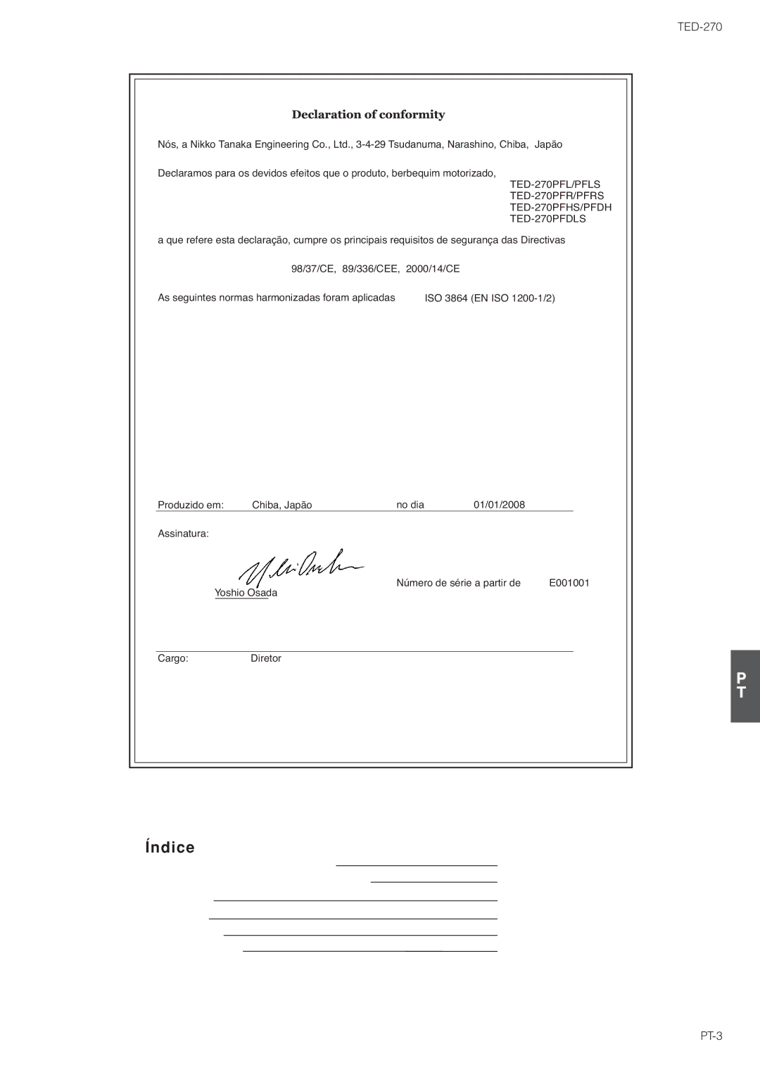 Tanaka TED-270PFDLS, TED-270PFR/PFRS, TED-270PFL/PFLS owner manual Índice 