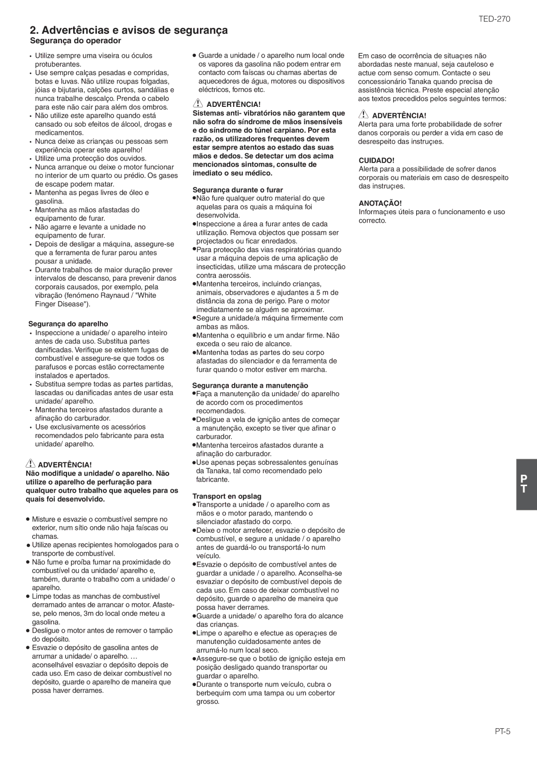 Tanaka TED-270PFL/PFLS, TED-270PFDLS, TED-270PFR/PFRS owner manual Advertências e avisos de segurança, Cuidado, Anotação 