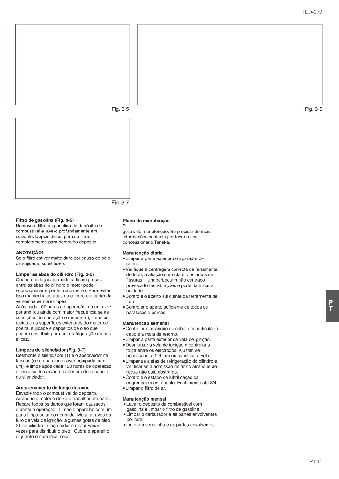 Tanaka TED-270PFDLS Filtro de gasolina Fig, Plano de manutenção, Manutenção diária, Manutenção semanal, Manutenção mensal 