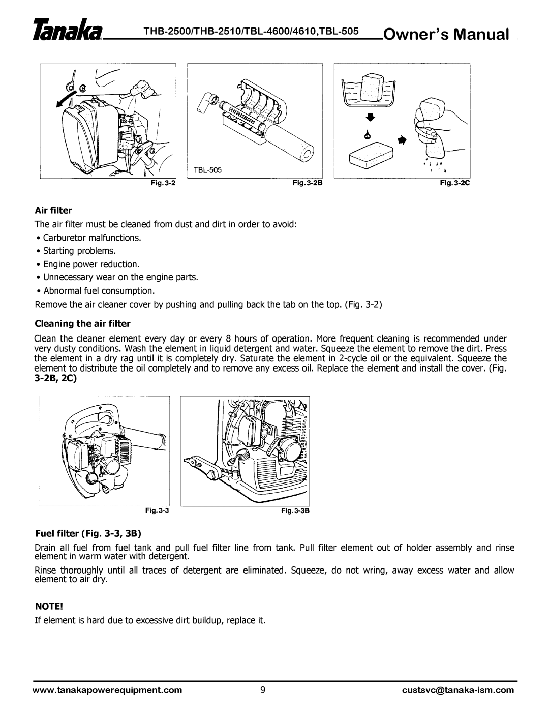 Tanaka THB-2510, TBL-4600, THB-2500, TBL-505, TBL-4610 manual Air filter, Cleaning the air filter, 2B, 2C Fuel filter -3, 3B 