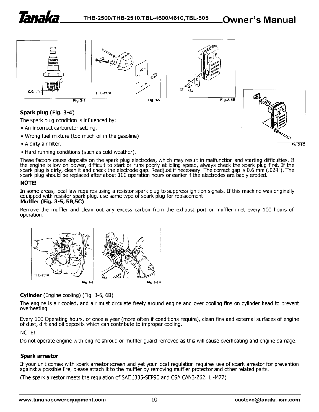 Tanaka TBL-4600, THB-2510, THB-2500, TBL-505, TBL-4610 manual Spark plug Fig, Muffler -5, 5B,5C, Spark arrestor 