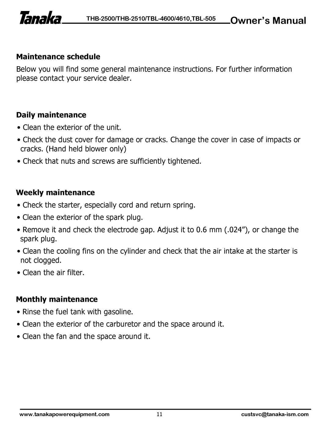 Tanaka THB-2500, THB-2510, TBL-4600, TBL-505, TBL-4610 manual Maintenance schedule 