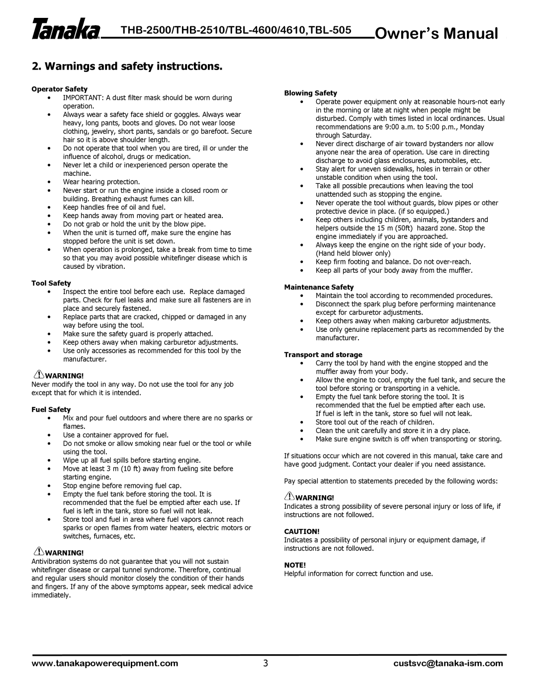 Tanaka TBL-4610, THB-2510, TBL-4600, THB-2500, TBL-505 manual Operator Safety 