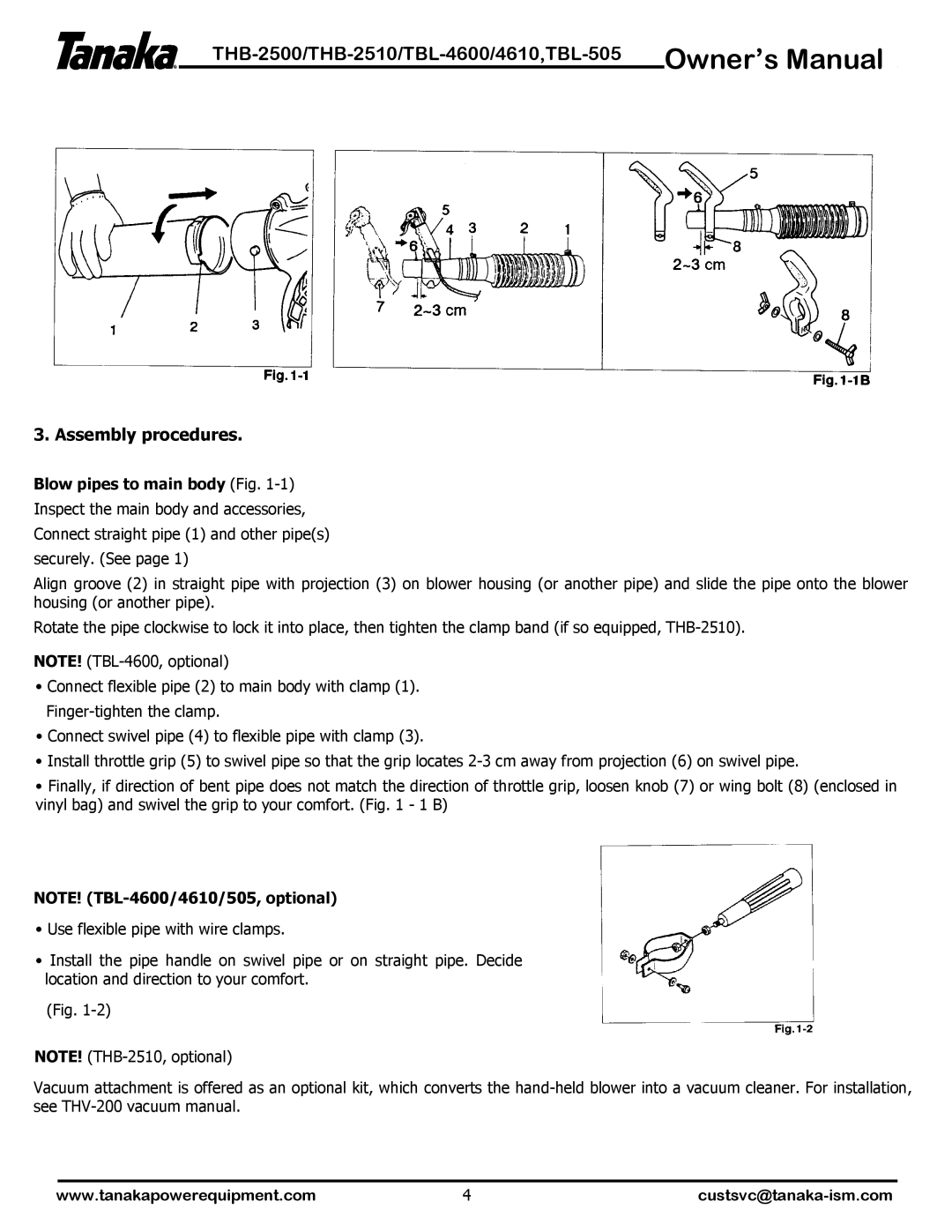 Tanaka THB-2510, TBL-4600, THB-2500, TBL-505, TBL-4610 manual Assembly procedures, Blow pipes to main body Fig 