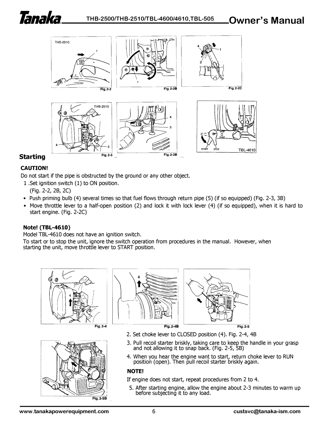 Tanaka THB-2500, THB-2510, TBL-4600, TBL-505, TBL-4610 manual Starting 