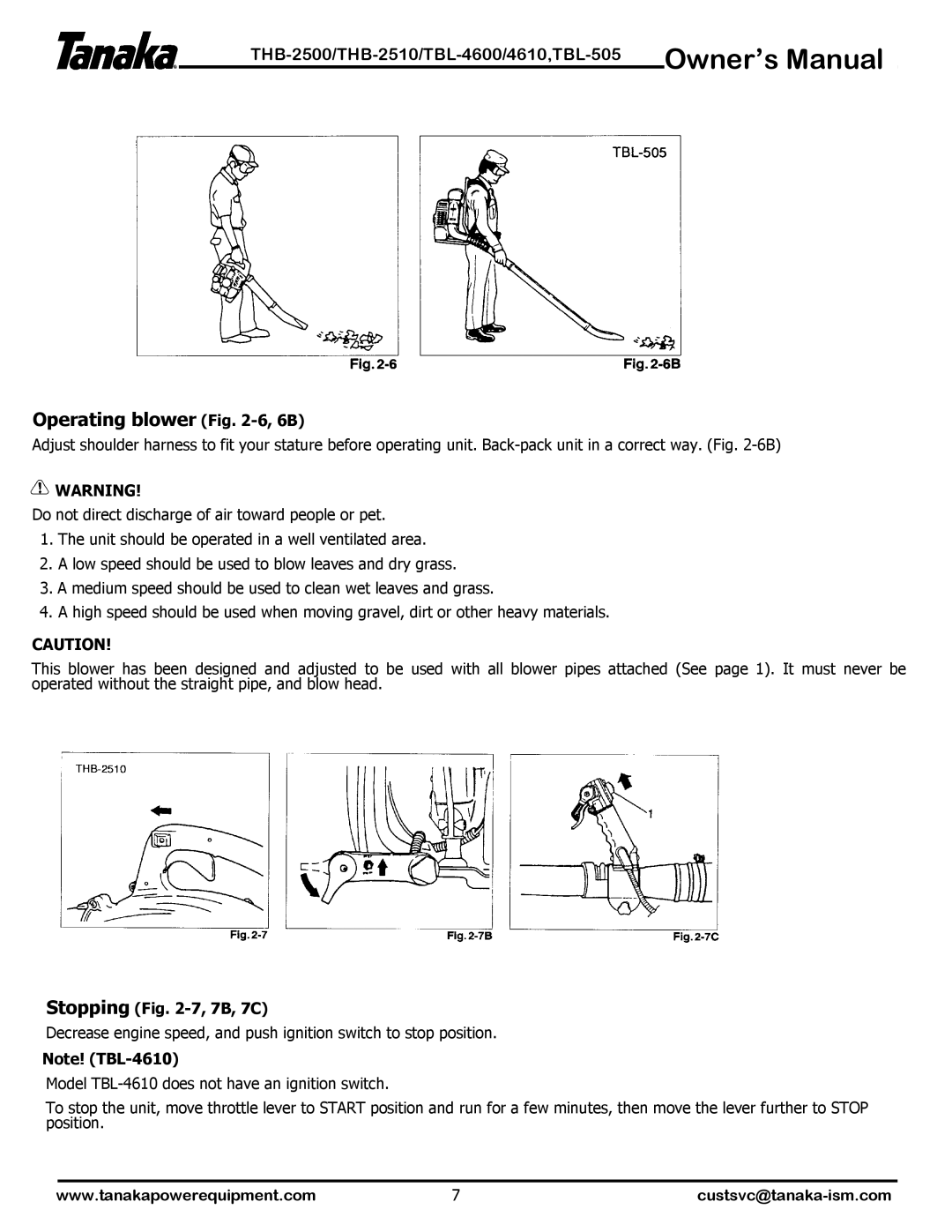 Tanaka TBL-505, THB-2510, TBL-4600, THB-2500, TBL-4610 manual Operating blower -6, 6B, Stopping -7, 7B, 7C 