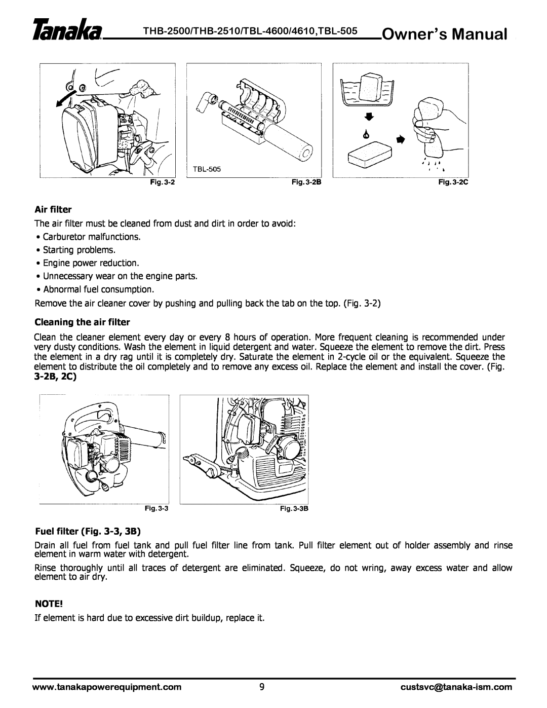 Tanaka manual THB-2500/THB-2510/TBL-4600/4610,TBL-505, Air filter, Cleaning the air filter, 3-2B, 2C Fuel filter -3, 3B 