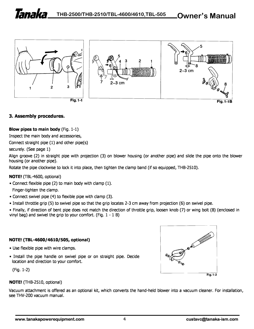 Tanaka THB-2510, THB-2500, TBL-505 manual Assembly procedures, Blow pipes to main body Fig, NOTE! TBL-4600/4610/505, optional 