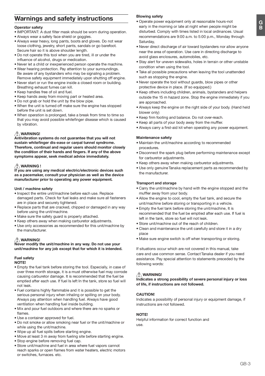 Tanaka THB-260PF manual Perator Safety, 5NIT  Machine Safety, Uelesafety, Lowing Safety, Aintenanceesafety 