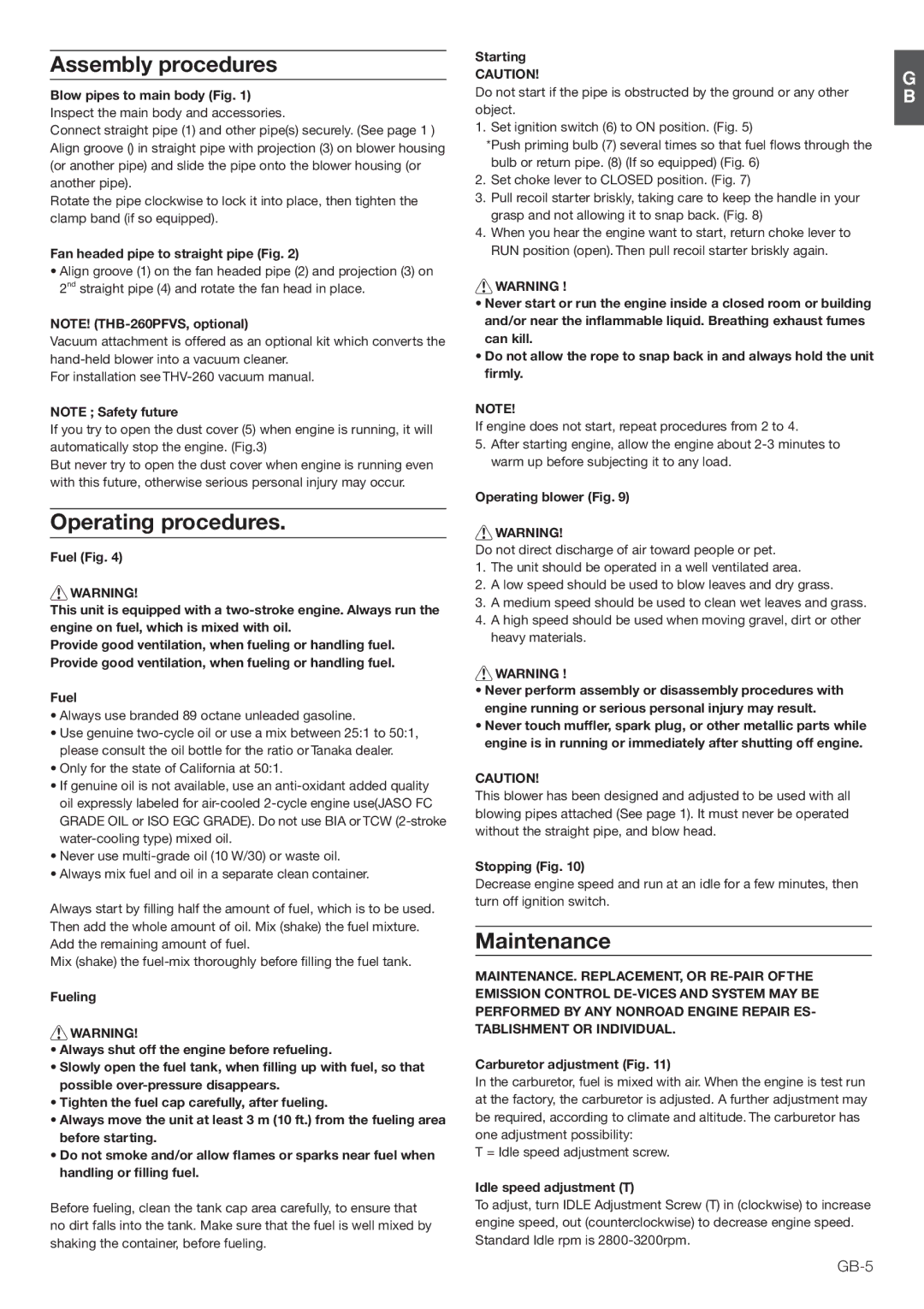 Tanaka THB-260PF manual Ssembly Procedures, Peratingaprocedures, Aintenance 