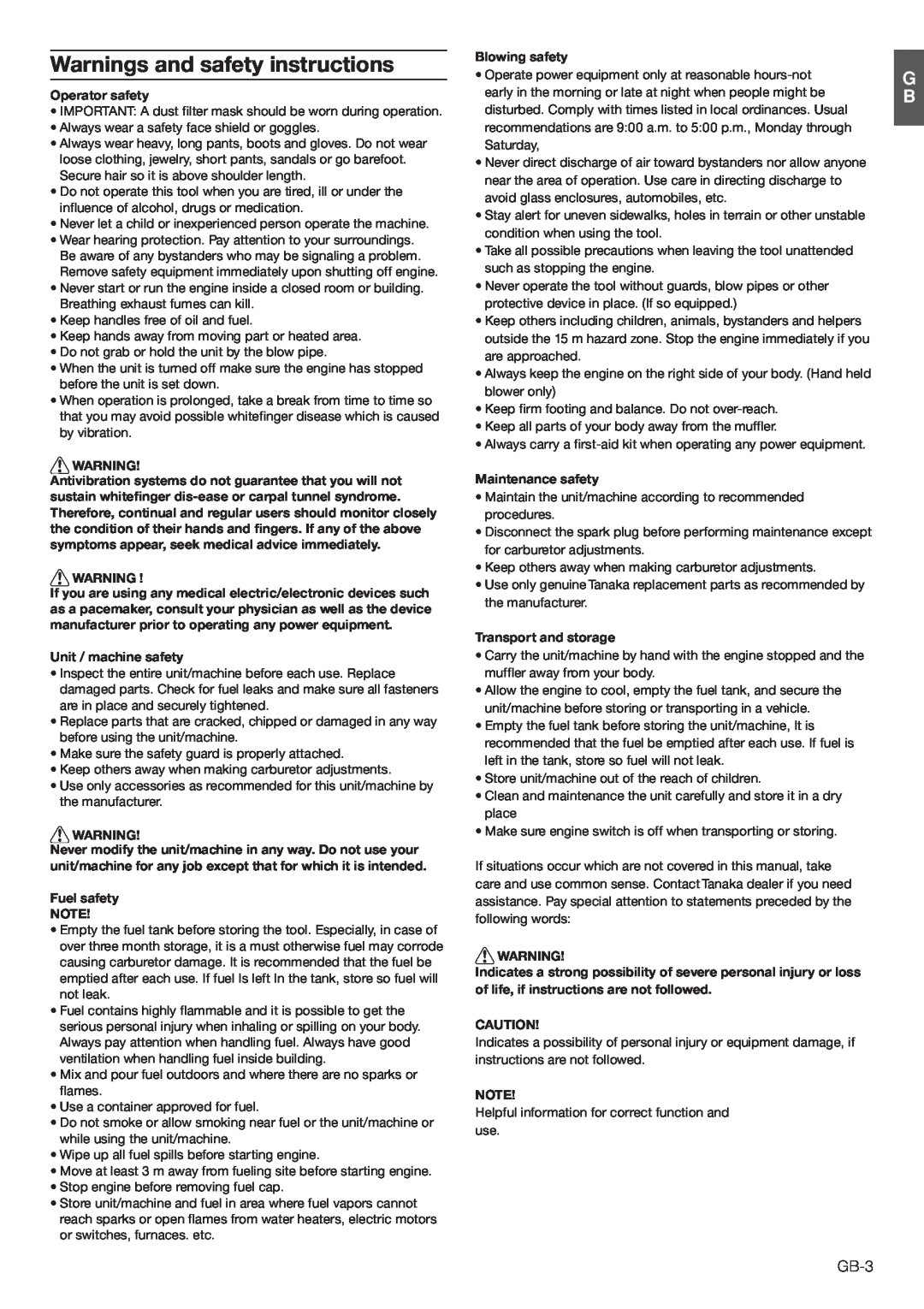 Tanaka THB-260PF manual 7ARNINGSNANDSSAFETYYINSTRUCTIONS 