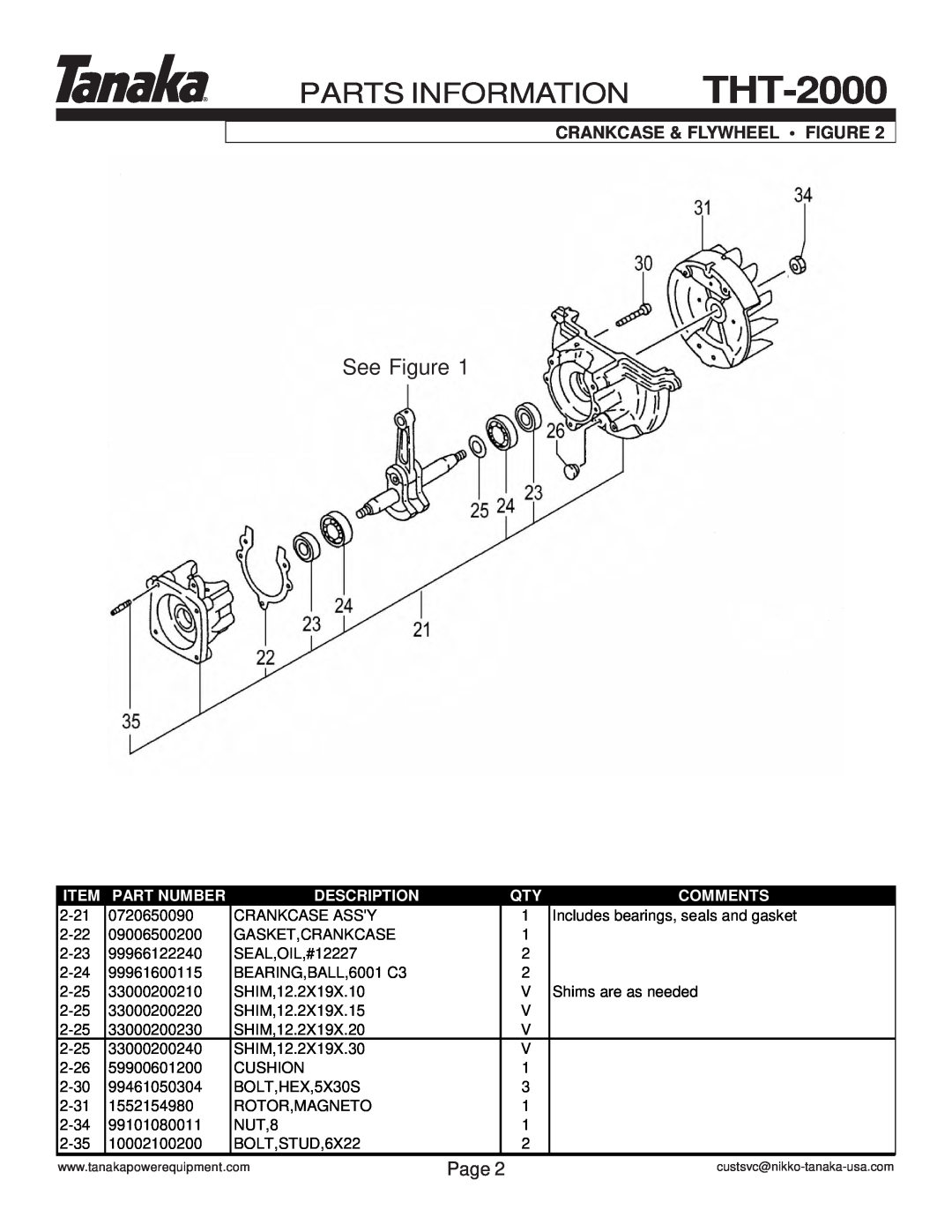 Tanaka See Figure, Crankcase & Flywheel Figure, PARTS INFORMATION THT-2000, Page, Part Number, Description, Comments 