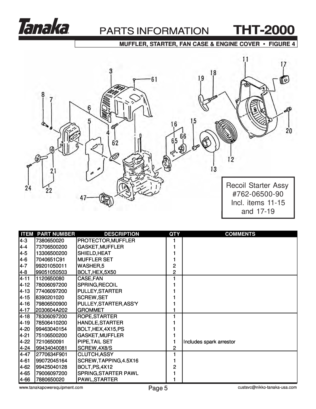 Tanaka Recoil Starter Assy, #762-06500-90, Incl. items, PARTS INFORMATION THT-2000, Page, Part Number, Description 