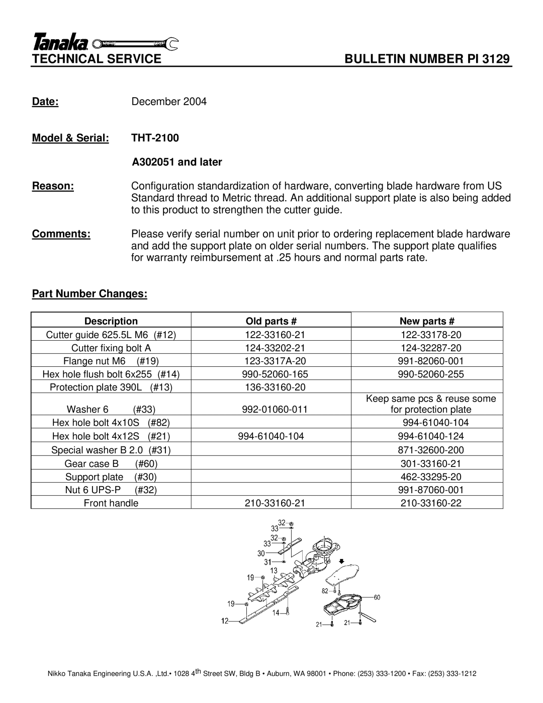 Tanaka manual Model & Serial THT-2100 A302051 and later Reason 