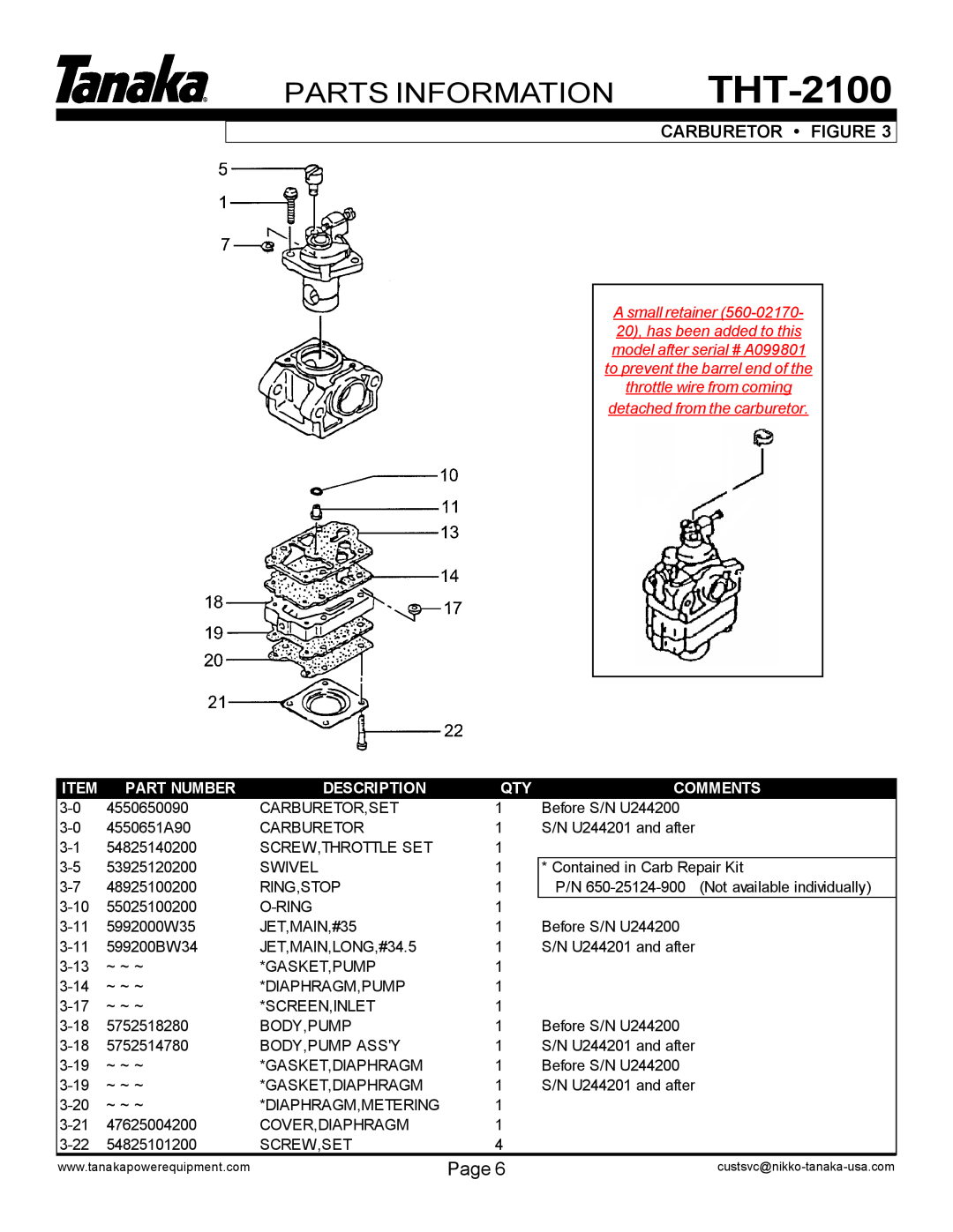 Tanaka Parts Information, THT-2100, Carburetor Figure, detached from the carburetor, Part Number, Description, Comments 