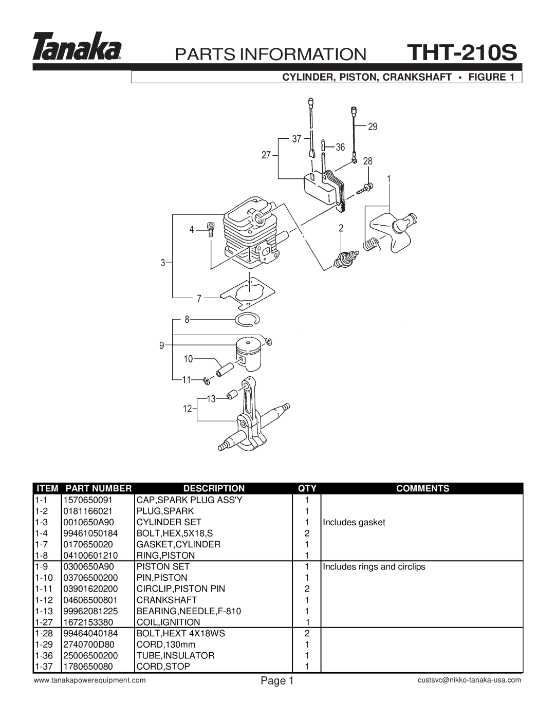 Tanaka manual Parts Information THT-210S, CYLINDER, PISTON, Crankshaft Figure 