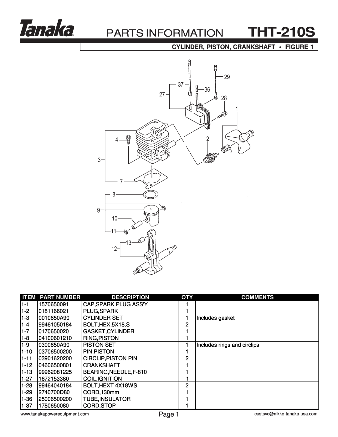 Tanaka manual PARTS INFORMATION THT-210S, Cylinder, Piston, Crankshaft • Figure, Page, Item, Part Number, Description 