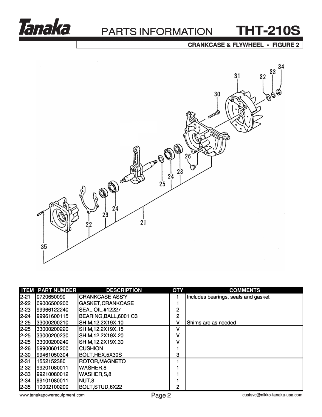 Tanaka manual Crankcase & Flywheel • Figure, PARTS INFORMATION THT-210S, Page, Item, Part Number, Description, Comments 