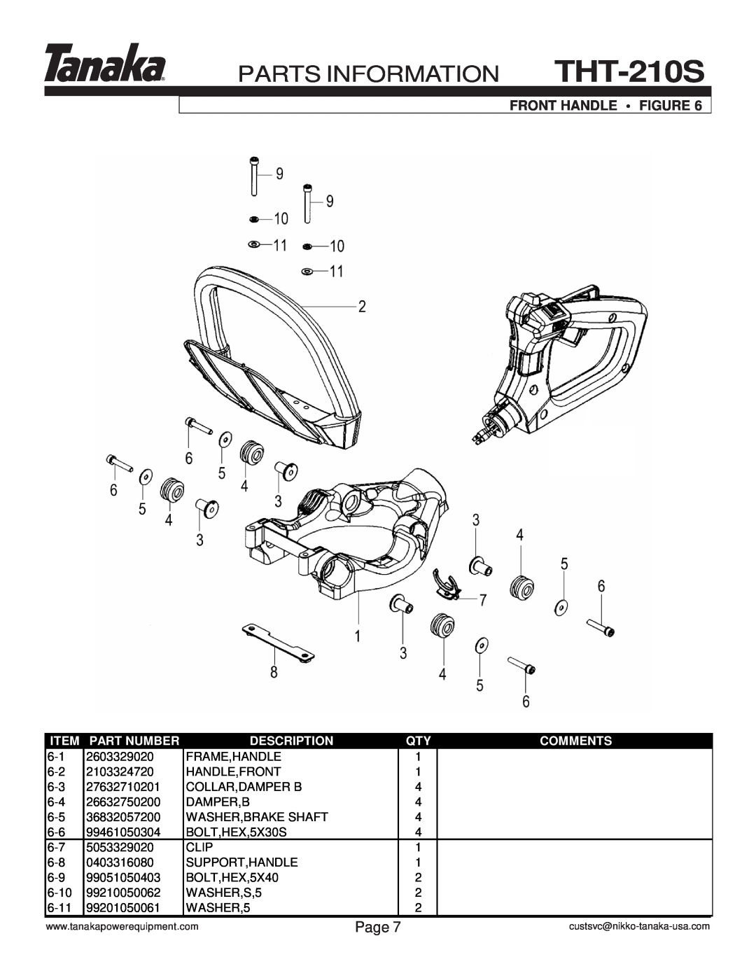 Tanaka manual Front Handle • Figure, PARTS INFORMATION THT-210S, Page, Item, Part Number, Description, Comments 