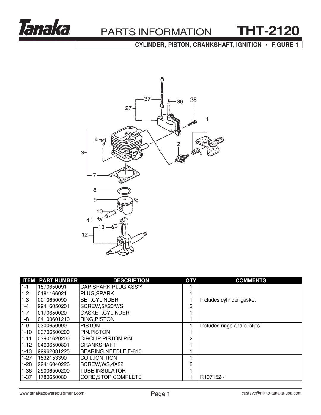 Tanaka manual Parts Information THT-2120, CYLINDER, PISTON, CRANKSHAFT, Ignition Figure 