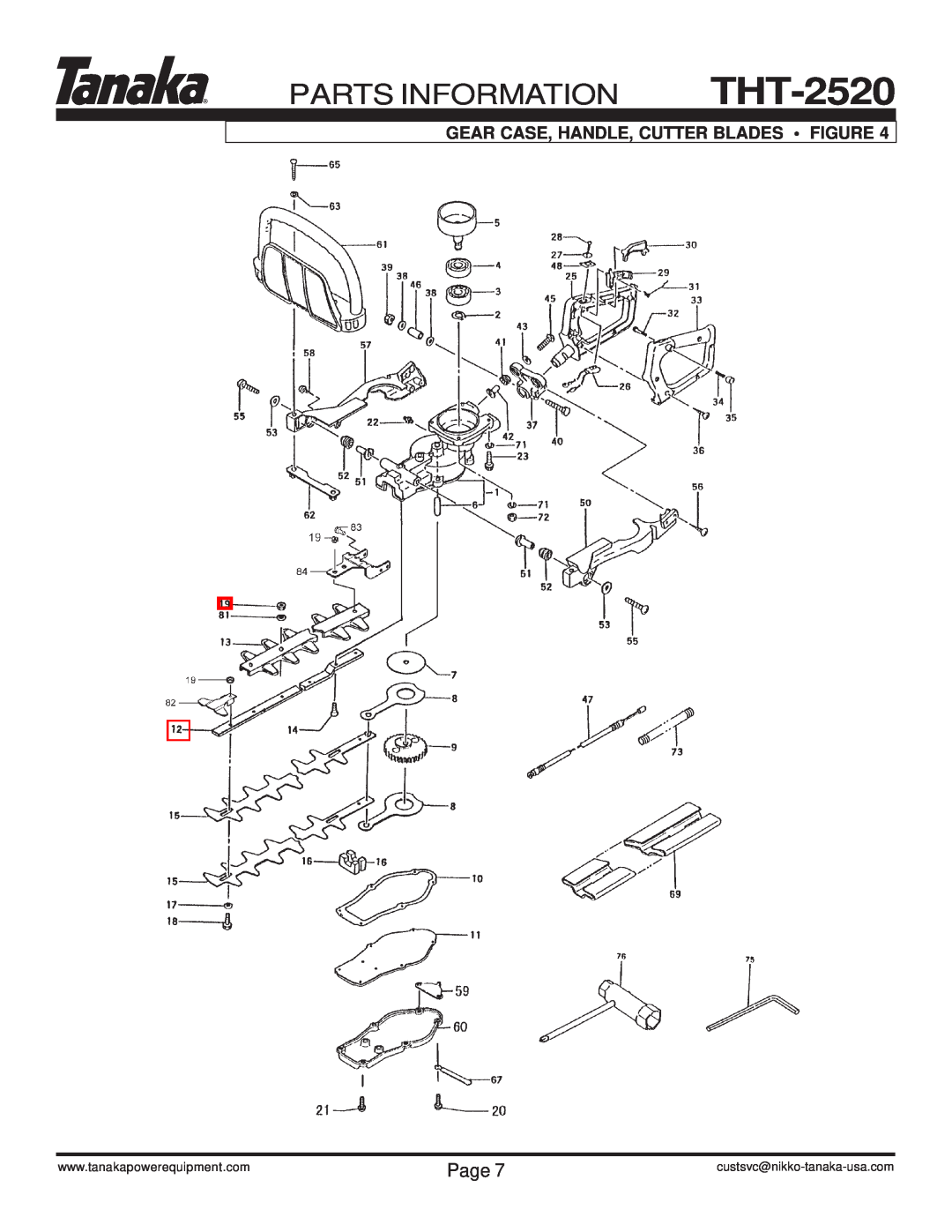 Tanaka THT-2520 manual Parts Information, Gear Case, Handle, Cutter Blades Figure, Page, custsvc@nikko-tanaka-usa.com 