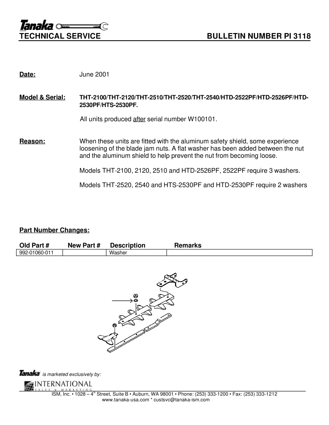 Tanaka THT-2530/2540, THT-2540/2530 manual Technical Service Bulletin Number PI 