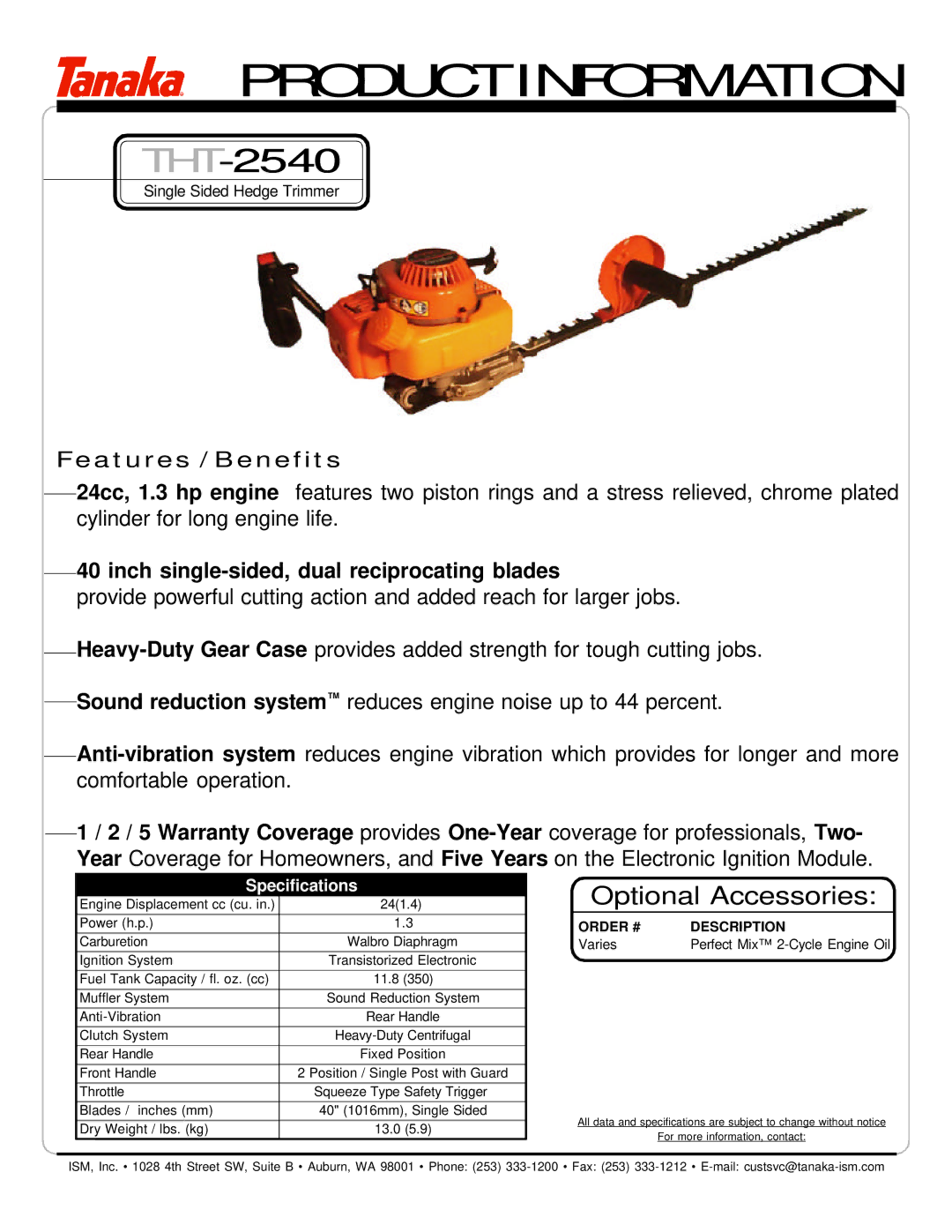 Tanaka THT-2530/2540, THT-2540/2530 manual Product Information 