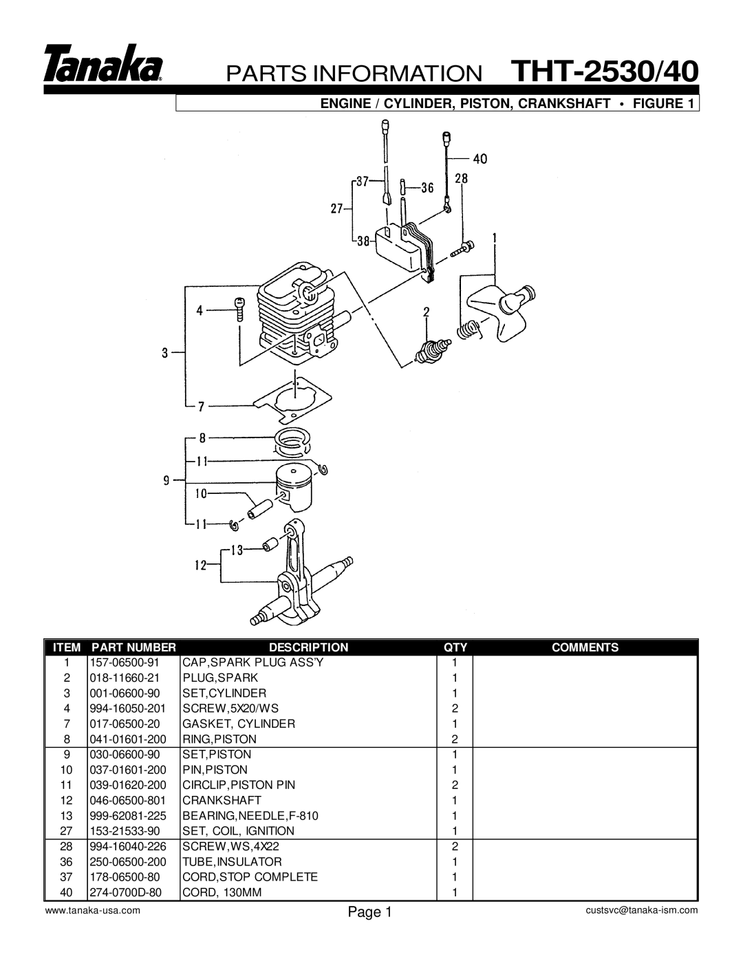 Tanaka THT-2540/2530, THT-2530/2540 manual Parts Information THT-2530/40, Engine / CYLINDER, PISTON, Crankshaft Figure 